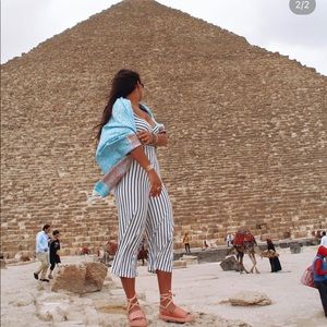 White and black striped pant suit.